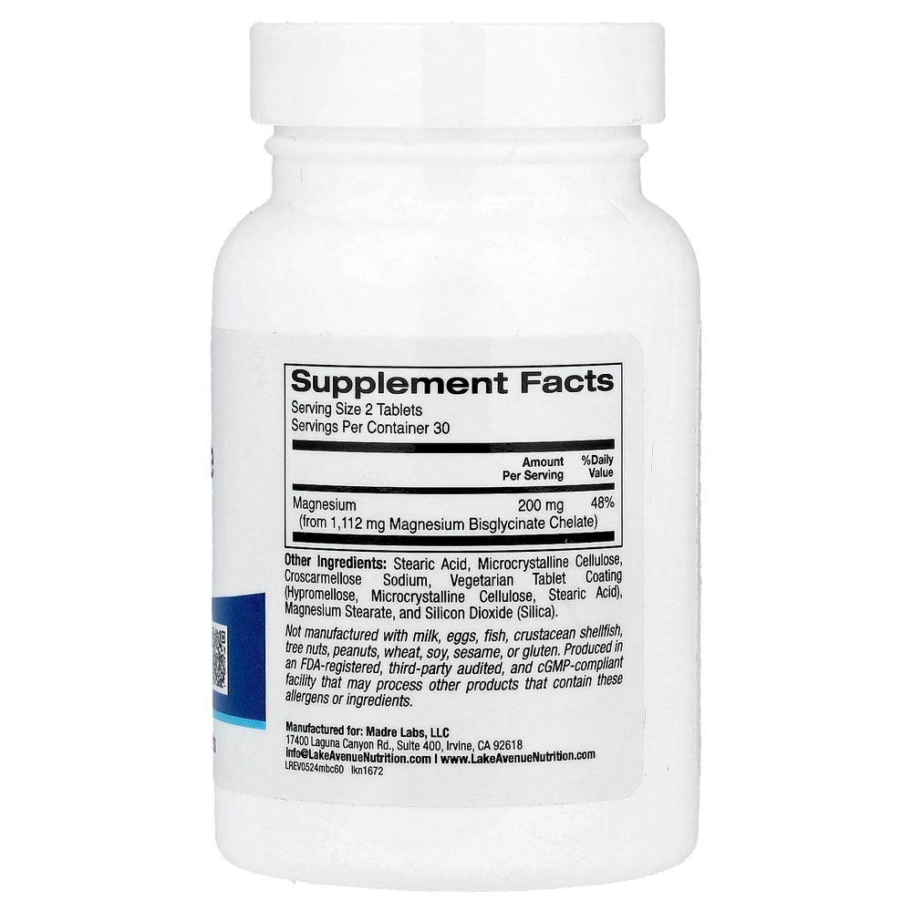 Lake Avenue Nutrition, хелат бисглицината магния с TRAACS®, 200 мг, 60 таблеток (100 мг в 1 таблетке)