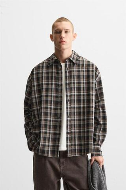 ZARА РУБАШКА RELAXED FIT В КЛЕТКУ, ЧЕРНЫЙ-КОРИЧНЕВЫЙ