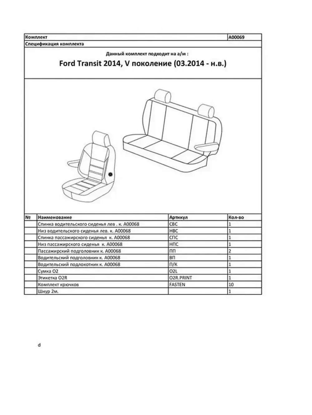 Чехлы в машину Ford Transit (1+2) 2014-2022