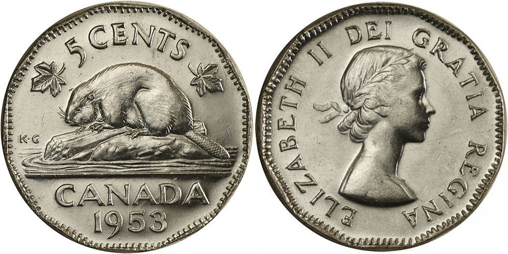 Канада 5 центов, 1953-1954 Королева Елизавета II XF