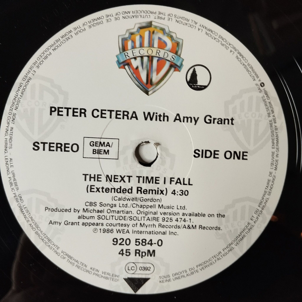 Винтажная виниловая пластинка LP Peter Cetera Duet With Amy Grant The Next Time I Fall (Extended Remix) (Germany 1986) Maxi Single 45 RPM