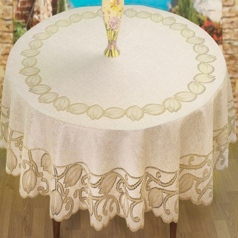 Скатерть жаккардовая круглая, цвет кремово-золотистый, Польша. Скатерть жаккардовая круглая, цвет кремово-золотистый, Польша.