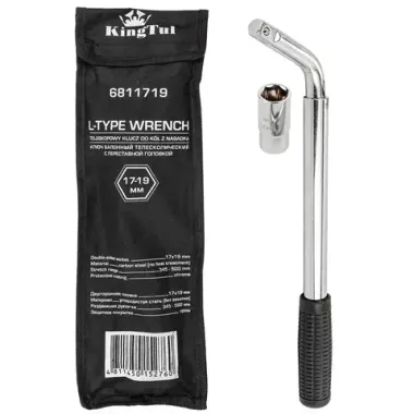 Ключ балонный Г-образный телескопический 1/2''(L min 340мм, L max 490мм) с прорезин.рукояткой в комплекте с переставной головкой 1/2''17х19мм, в чехле KINGTUL KT-6811719