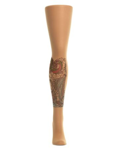 Колготки с принтом в виде тигра и дракона на правой ножке (Размер: S-M-L) (Цвет: бежевый)