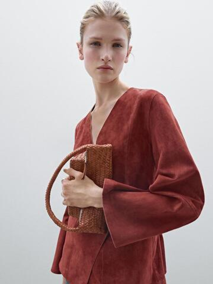 Massimo Dutti Кимоно внахлест из замши, красный