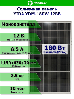 Солнечная монокристаллическая панель (батарея) YIDA YDM-180W 12BB 12V