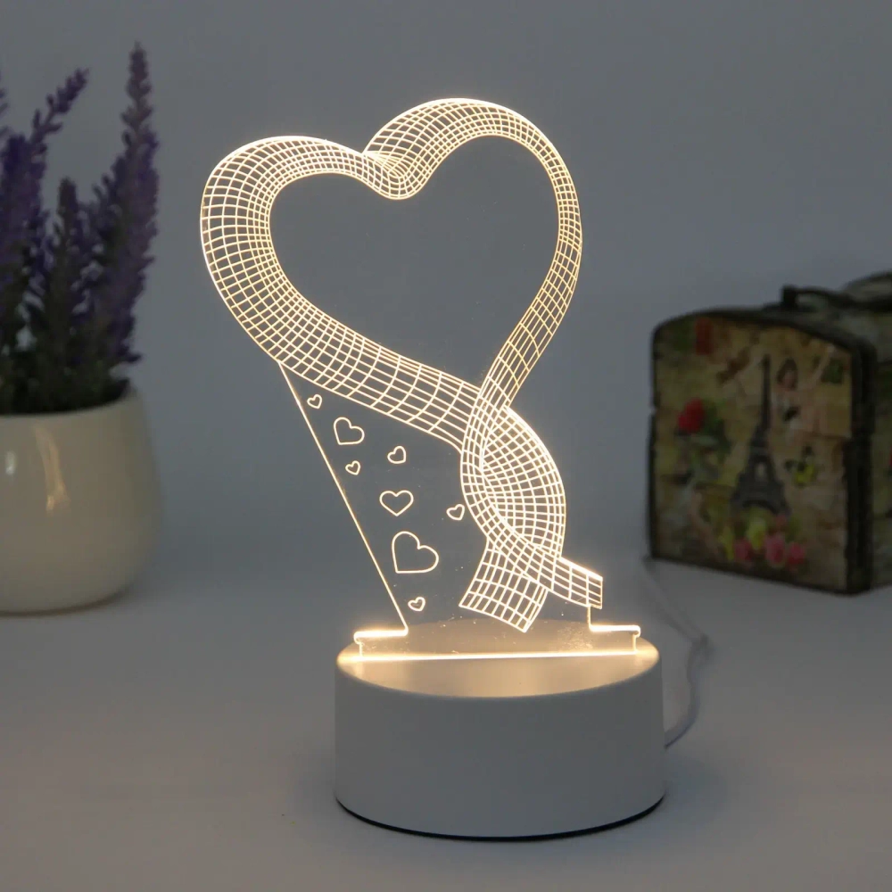Светильник ночник «3D-HEART» на пластиковой подставке, с включателем USB