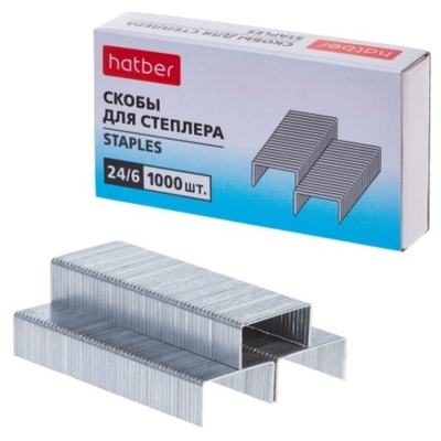 Скобы для степлера Hatber №24/6 1000 скоб 6мм оцинкованные в картонной коробке