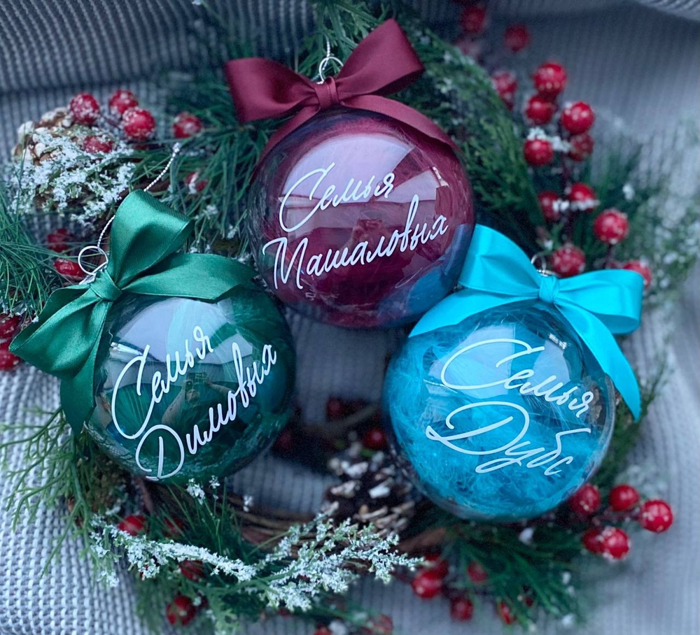 Набор именных ёлочных шаров с перьями №2187