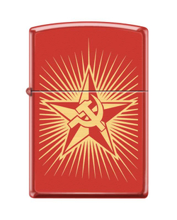 Легендарная классическая американская бензиновая широкая зажигалка ZIPPO Classic Red Matte™ красная матовая из латуни и стали с  изображением Серпа и Молота ZP-233 RUSSIAN HAMMER SICKLE