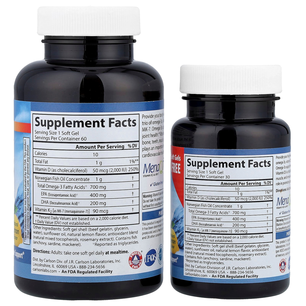 Carlson, Elite Omega-3 с витаминами D и K, натуральный лимон, 90 капсул