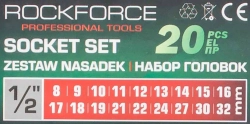 Набор головок с трещоткой и удлинителем 20пр.1/2''(6гр)(8-19,21,22,24,27,30,32мм),в пласт. держателе RockForce RF-019-5K