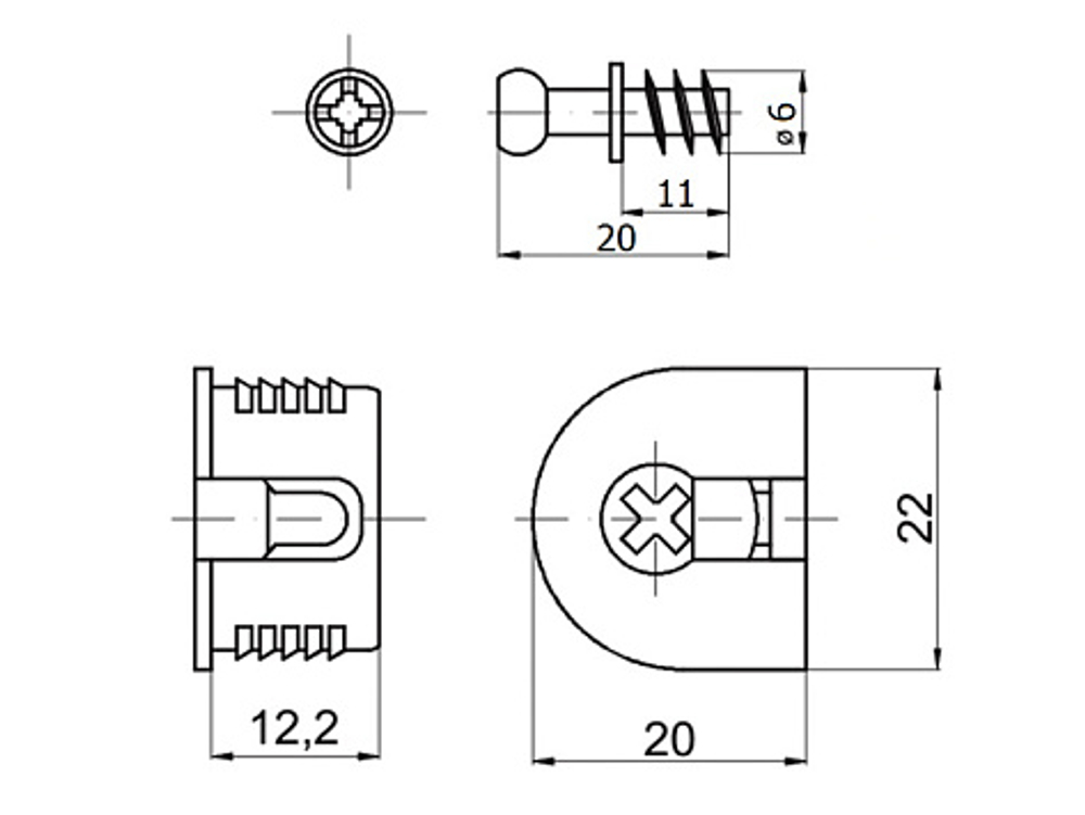 Стяжка-полкодержатель эксцентриковая для плиты 16 мм, шток саморез, белый пластик