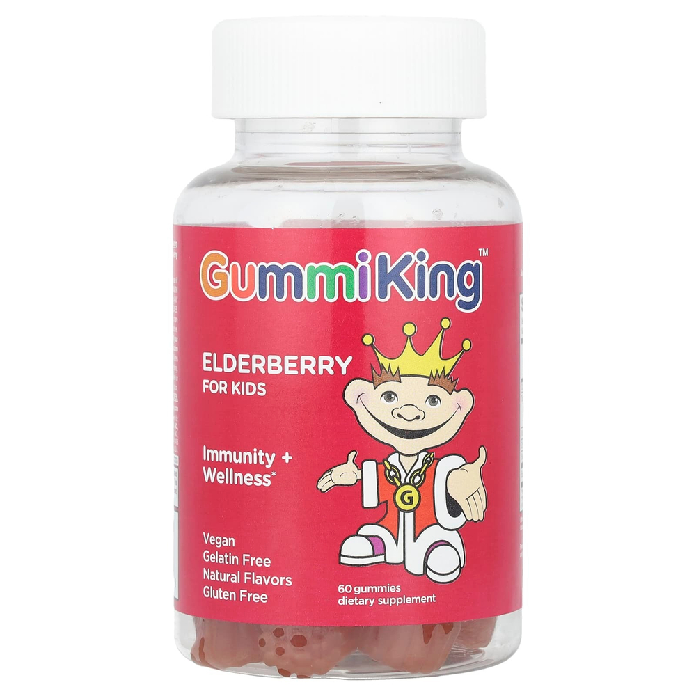 GummiKing, бузина для детей, для иммунитета и хорошего самочувствия, лимон и малина, 60 жевательных таблеток