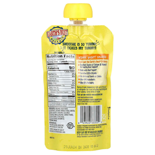 Earth's Best, Органический смузи из йогурта для поддержки костей, для детей от 2 лет, груша, манго и морковь, 113 г (4 унции)