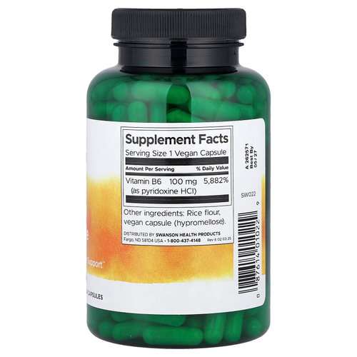 Swanson Vitamins, витамин B6 и пиридоксин, 100 мг, 250 веганских капсул
