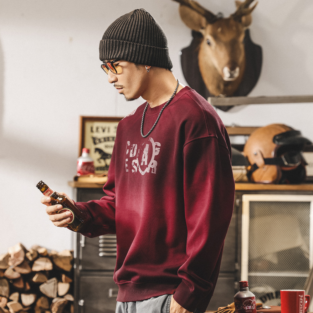 Мужской свитшот американского ретро стиля, грязно-окрашенный, выстиранный, плотный (360 г), весна-осень