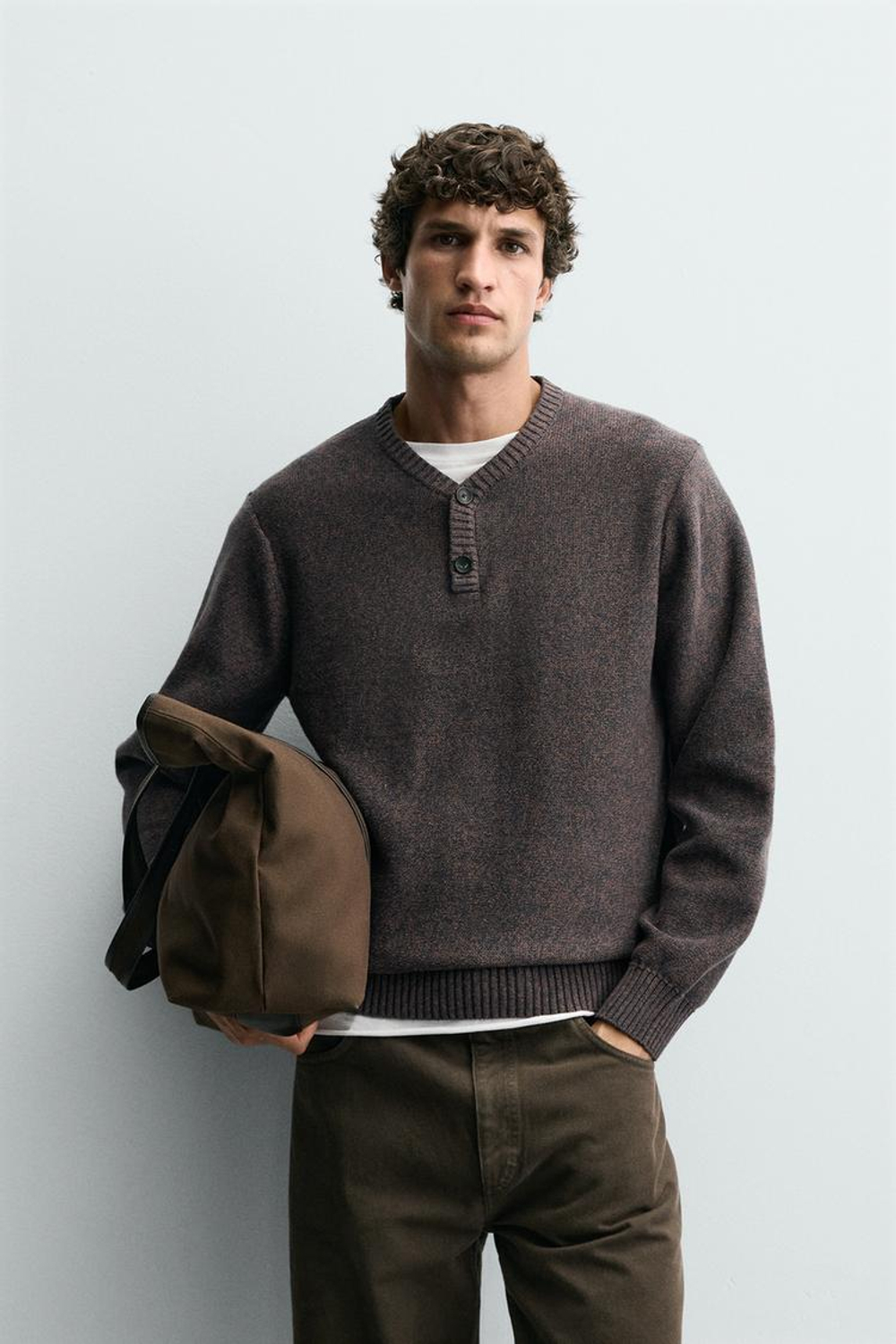 ZARA ДЖЕМПЕР С ВОРОТНИКОМ НА ПУГОВИЦАХ, КОРИЧНЕВЫЙ