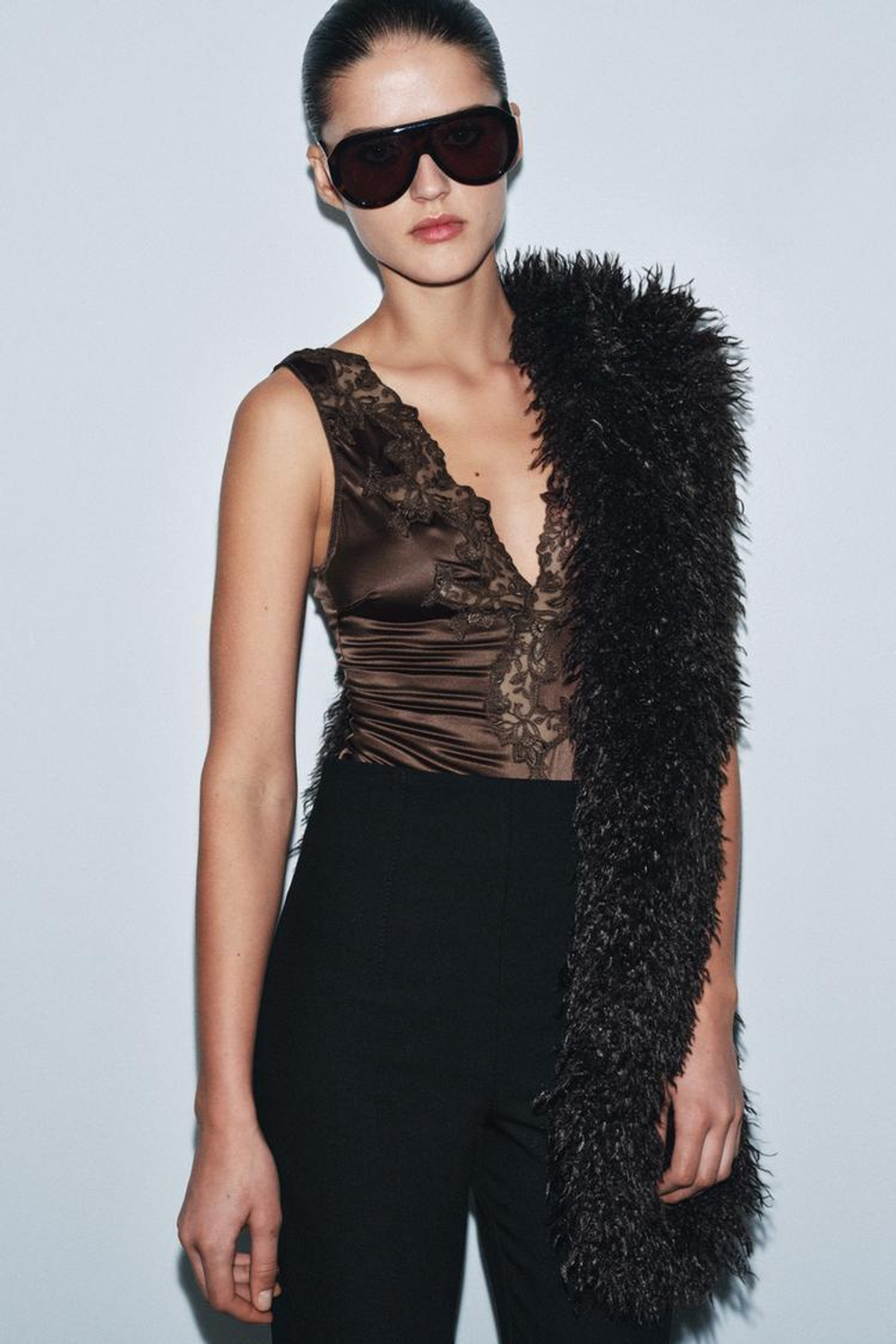 ZARA АТЛАСНОЕ БОДИ С КРУЖЕВОМ — ZW COLLECTION, КОРИЧНЕВЫЙ