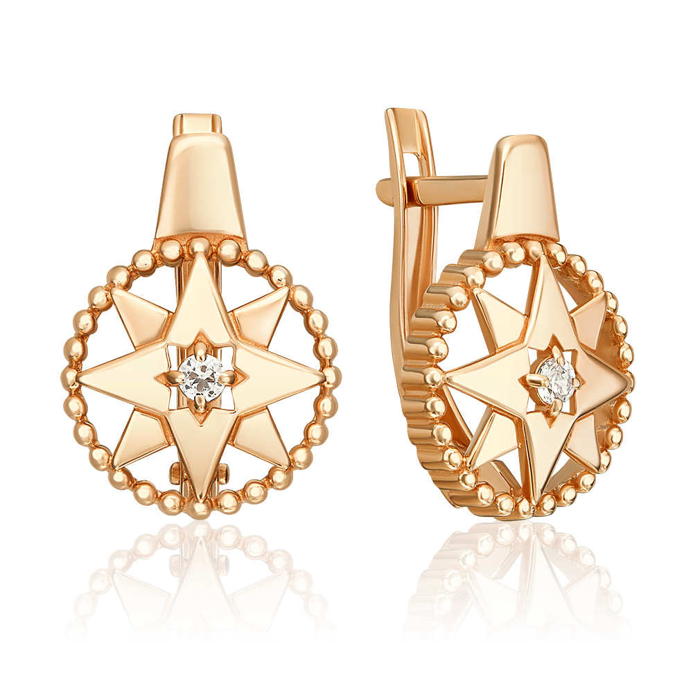 Серьги «Роза ветров» с английским замком из красного золота с фианитом