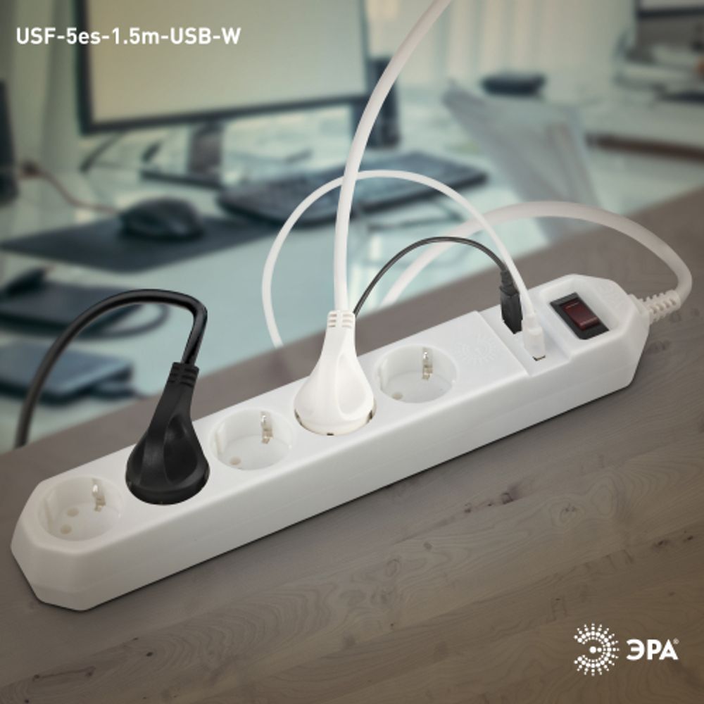 Сетевой фильтр ЭРА USF-5es-1.5m-USB-W с базовой защитой с заземлением с выключателем 5 розеток 1,5м 2хUSB 10А белый | Сетевые фильтры