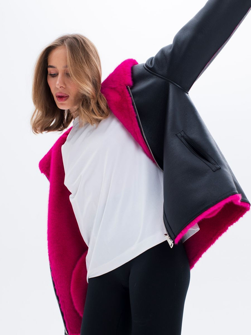 Дубленка короткая зимняя, фуксия, Северина