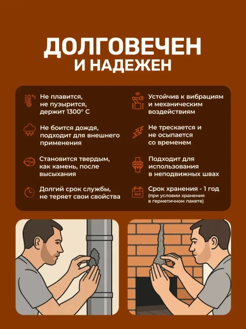 Герметик для печей 1 кг высокотемпературный, огнеупорный пластилин для каминов и дымоходов, термостойкий до 1300 C, жаропрочная замазка для ремонта кладки
