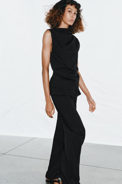 ZARA БРЮКИ ИЗ ПЛОТНОГО ХЛОПКА С ПОЯСОМ-КУШАКОМ, ЧЕРНЫЙ