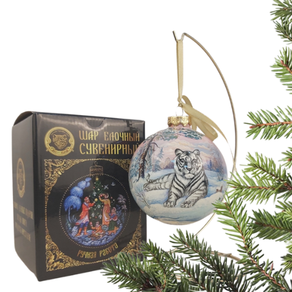 Шар новогодний (круговая роспись Палех) Белый тигр №2 в коробке