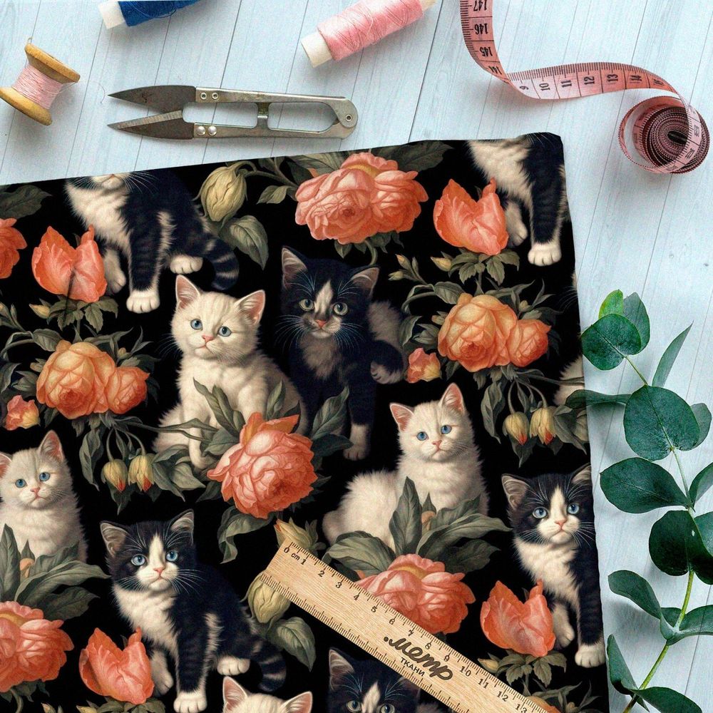 Ткань премиум сатин котята в розах