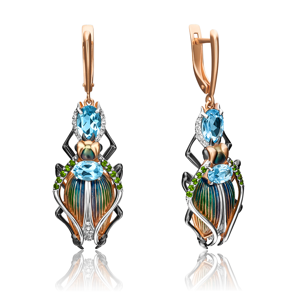 Серьги «Жуки-скарабеи» с английским замком из красного золота с миксом камней и эмалью