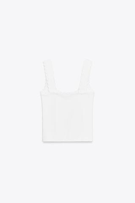 ZARA ЭЛАСТИЧНЫЙ ТОП С ЖЕМЧУГОМ, БЕЛЫЙ