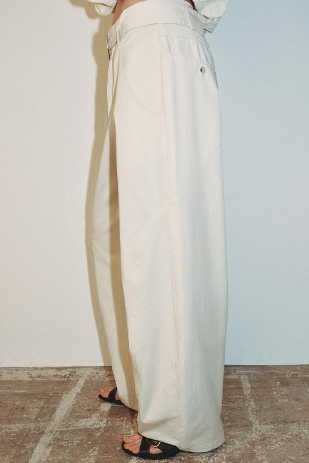 ZARA БРЮКИ BAGGY С ПОЯСОМ, ЭКРЮ