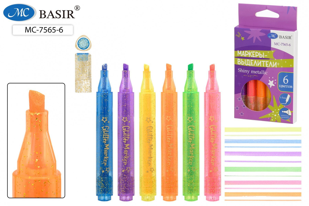 Набор текстовыделителей 6 цв. "Shiny metallic" с эффектом металлик, чернила на водн.основе (Basir)