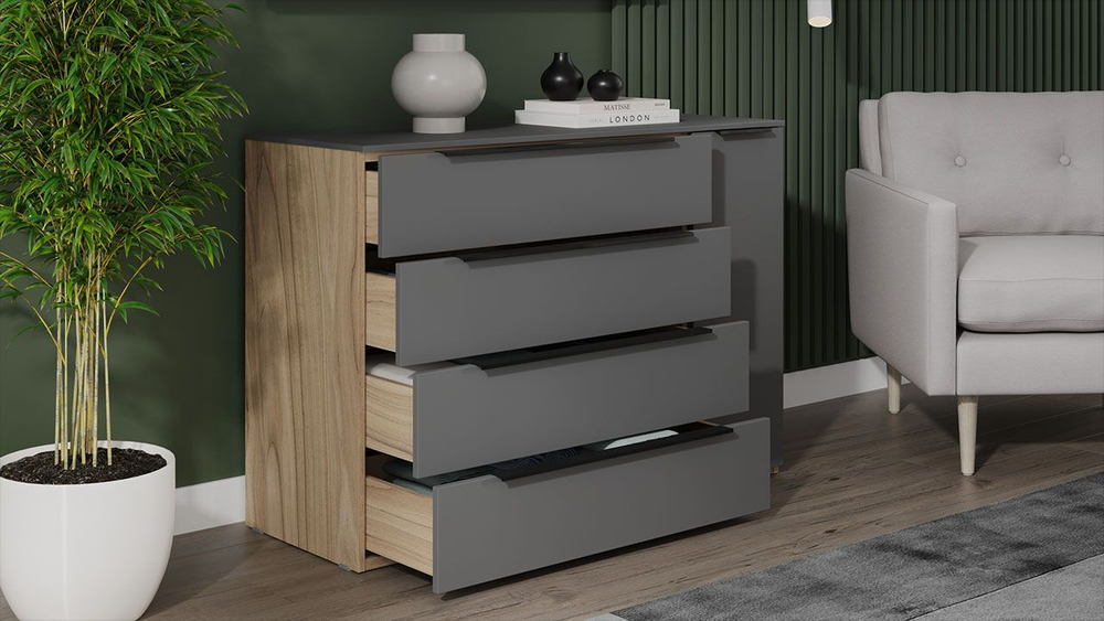Комод для одежды с ящиками и полками Яблоня Беллуно/Графит софт 4 ящика 120х45х84 см
