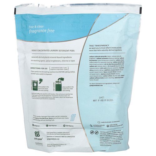 Grab Green, Капсулы со стиральным порошком «3 в 1», без запаха, 60 загрузок, 1080 г (2 фунта), 6 унций