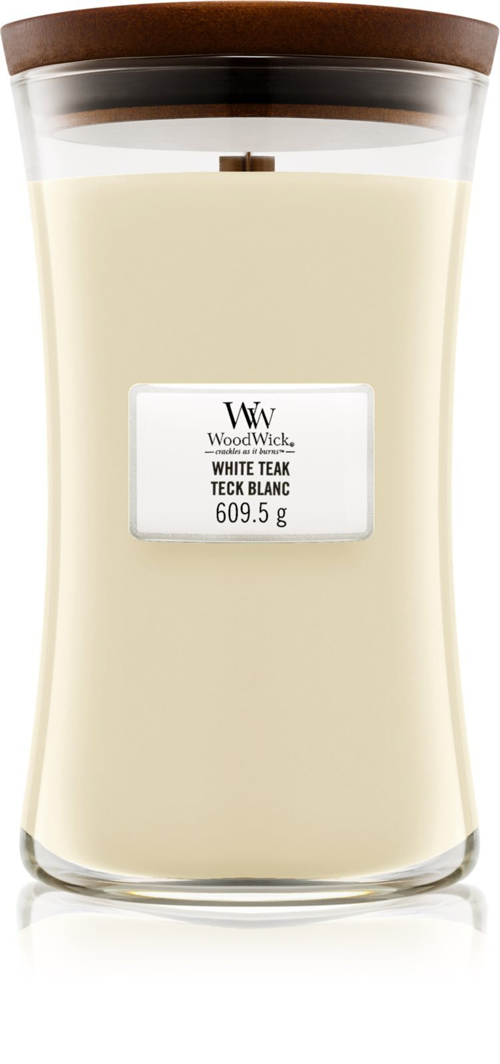 Woodwick White Teak - ароматическая свеча с деревянным фитилем /   609.5  g  / GTIN 5038581062136