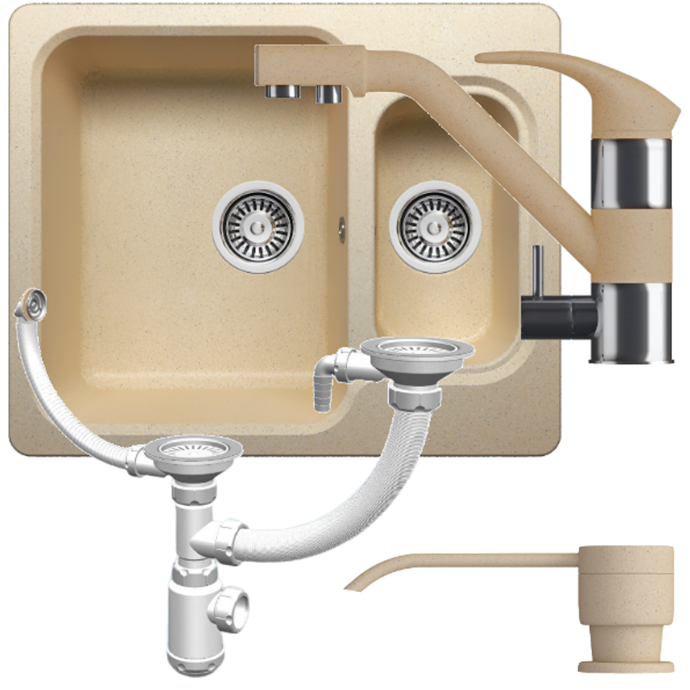 Мойка POLYGRAN F-09 бежевый №27, смеситель ДУО бежевый