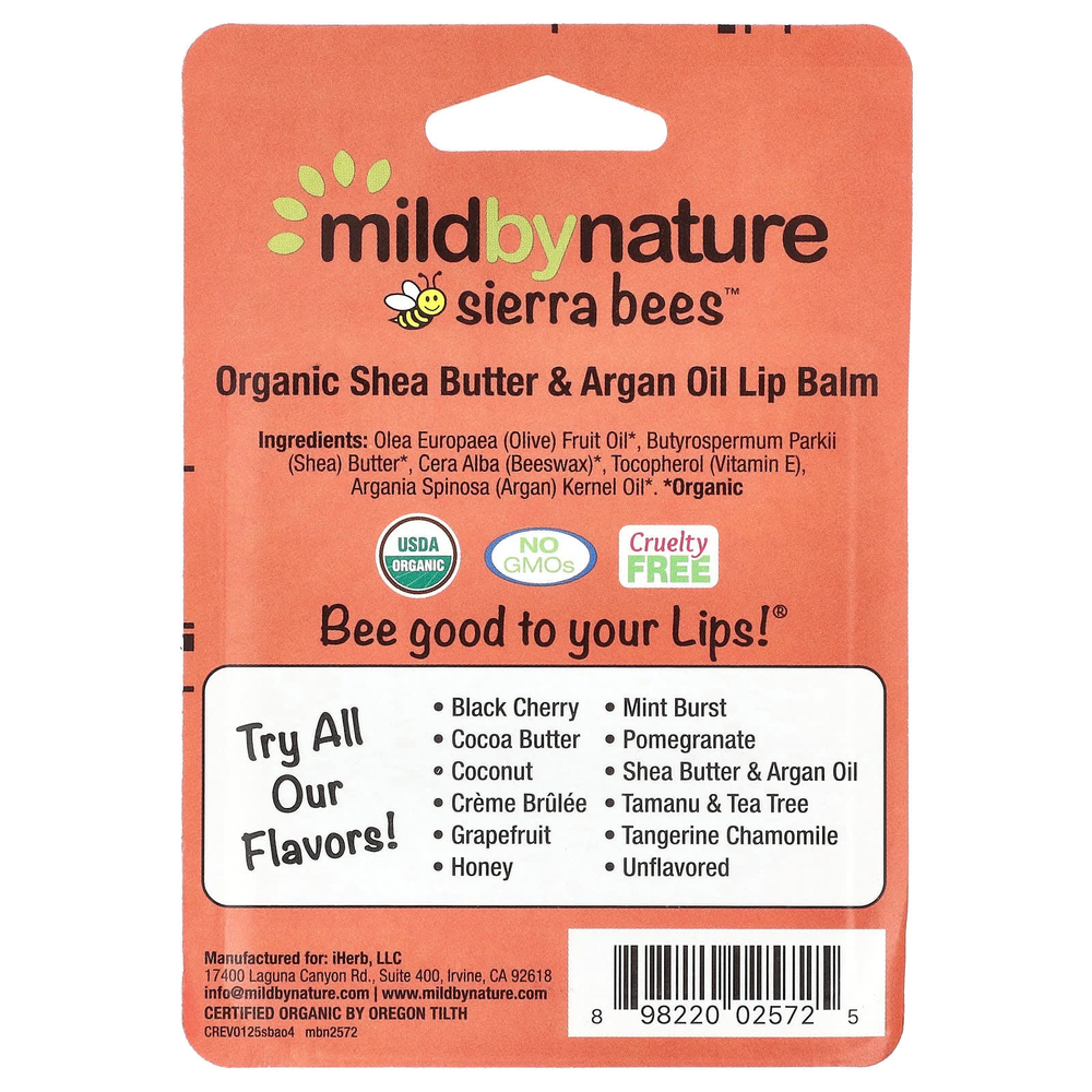 Mild By Nature, Sierra Bees™, органические бальзамы для губ, масло ши и аргановое масло, упаковка из 4 шт. по 4,25 г (0,15 унции)