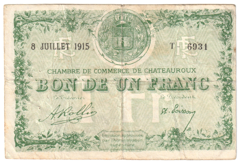 France, 1 Franc - Châteauroux, 1915 – Regionalism & Emergency Issue, F