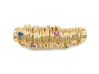 68555-з Бусина-трубочка "Полосы" с цветными фианитами 25мм, позолота