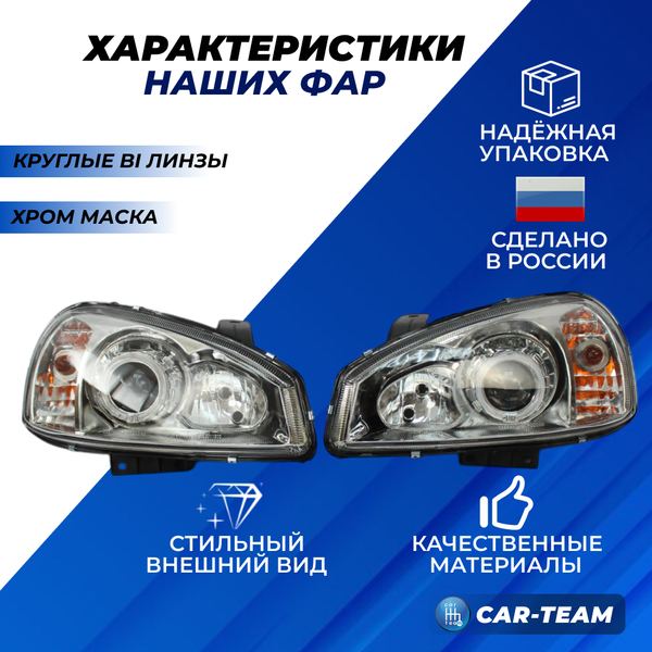 Фары Лада Калина 1 передние круглые би линзы и ангельскими глазками, хромированная маска