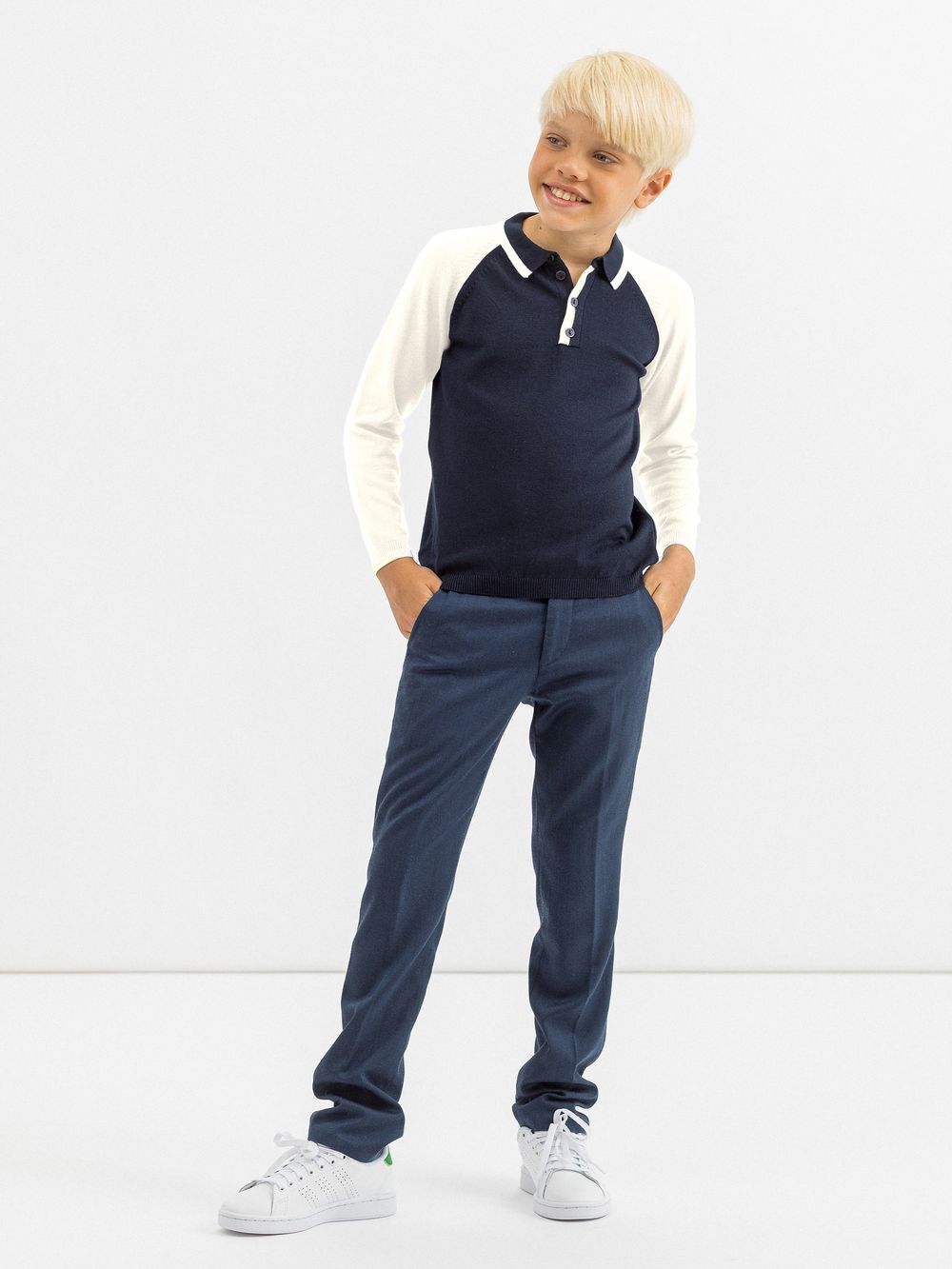 Джемпер поло для мальчика 497-1 синий-молочный