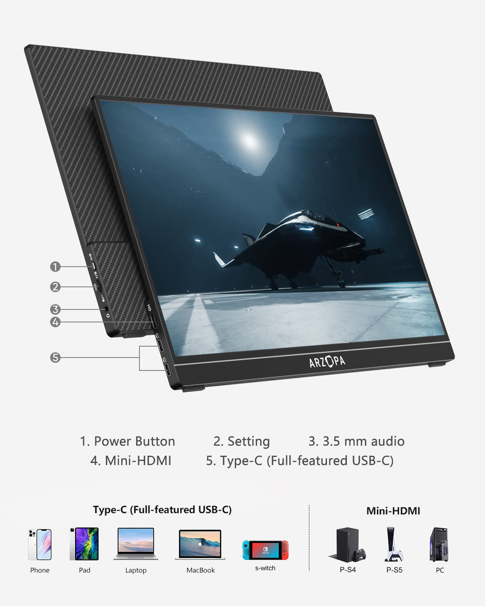 16.1" Портативный монитор Arzopa ,G1 Game IPS, FHD 1920x1080, 144 Гц