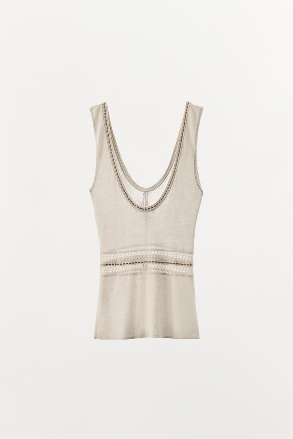 ZARA ТРИКОТАЖНЫЙ ТОП С КОНТРАСТНОЙ ОТДЕЛКОЙ, БЕЖЕВЫЙ