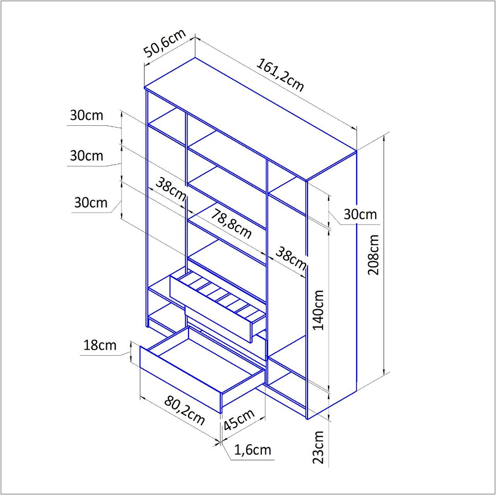 Шкаф 161х51х208, Марм, для одежды распашной 4 двери 3 ящика со штангой и полками, Dipriz