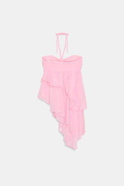 ZARA ТОП С АСИММЕТРИЧНЫМИ ВОЛАНАМИ, ЛИНЯЛЫЙ РОЗОВЫЙ
