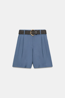 ZARA ШОРТЫ С ЗАЩИПАМИ И РЕМНЕМ, ВЫЦВЕТШИЙ СИНИЙ