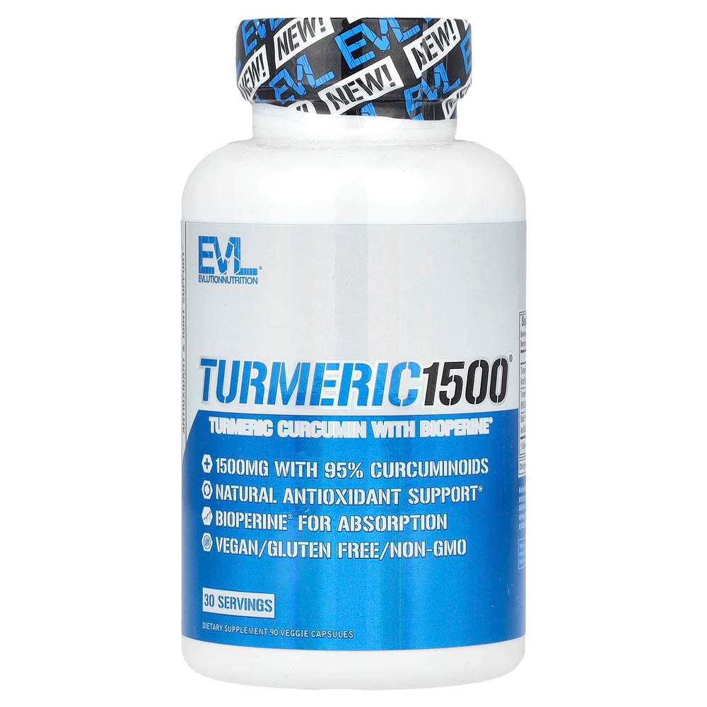 EVLution Nutrition, Turmeric 1500®, куркумин из куркумы с BioPerine®, 90 растительных капсул