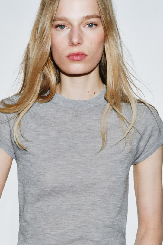 ZARA ТОП ИЗ УЛЬТРАТОНКОГО ТРИКОТАЖА, СЕРЫЙ МЕЛАНЖ